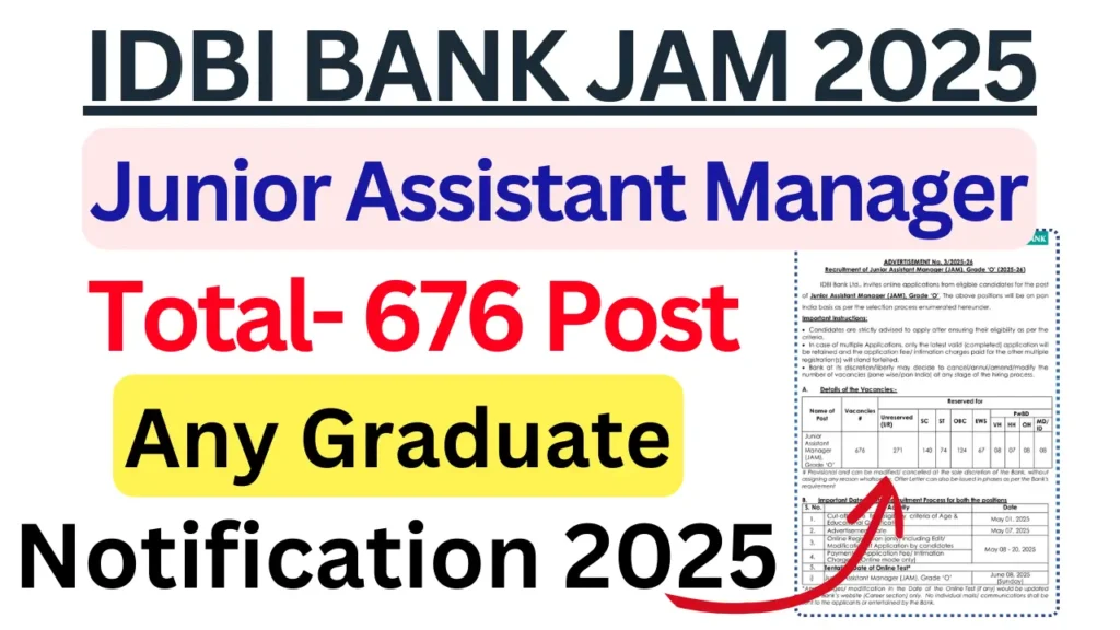 IDBI Junior Assistant Manager Recruitment 2025 For 676 Post